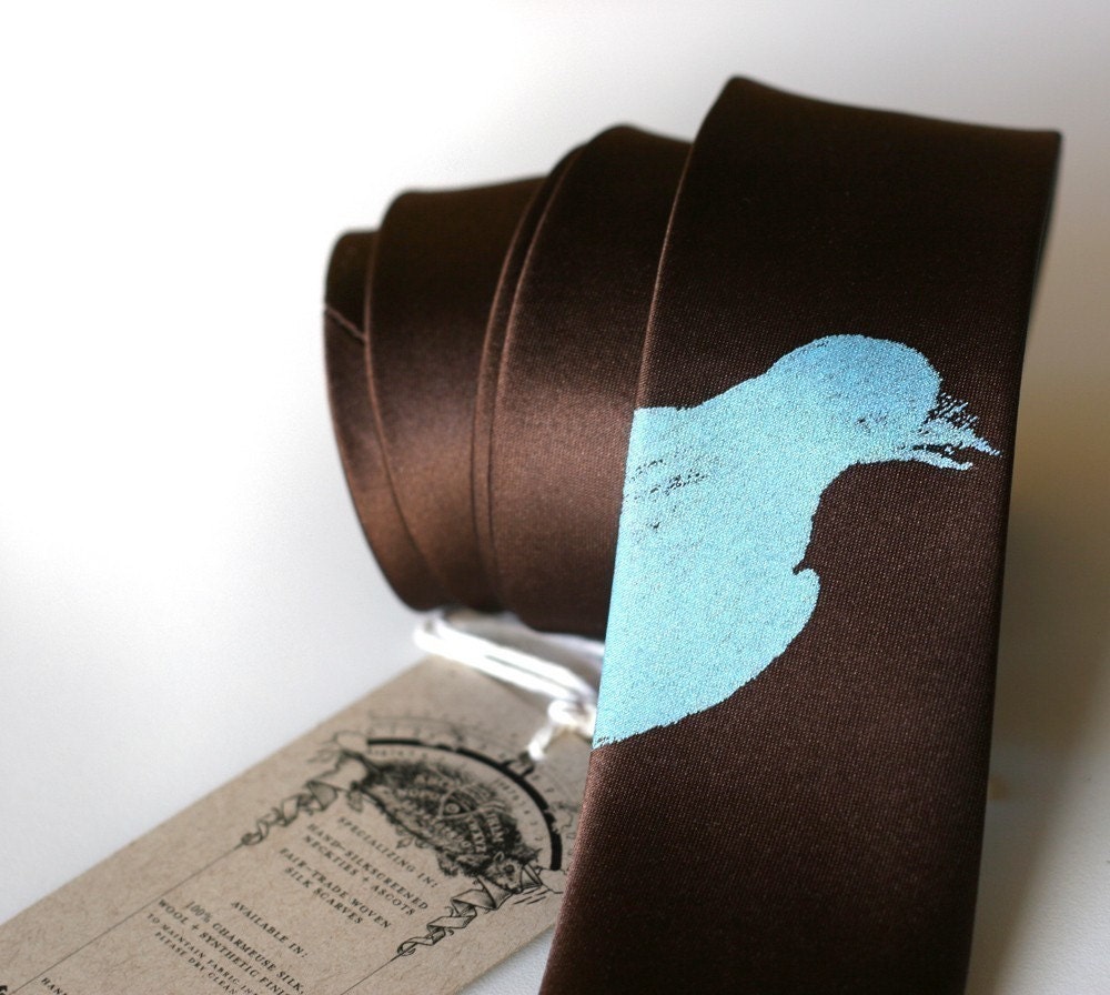 Bluebird silkscreened microfiber necktie, sky blue on skinny dark brown