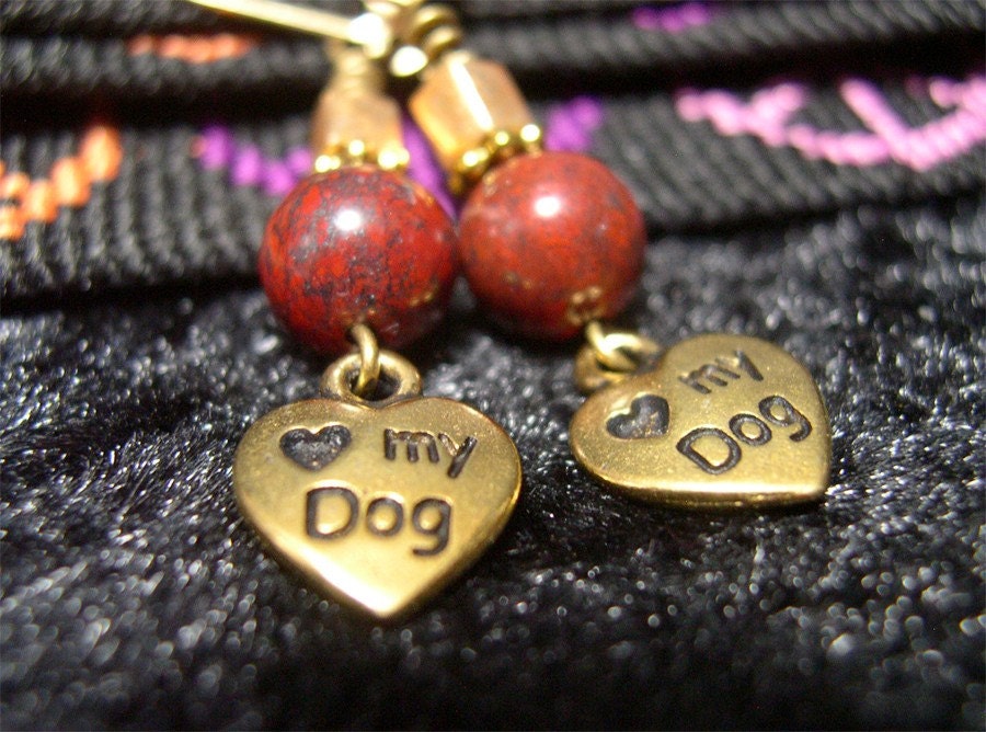 I love my dog gold and red earrings