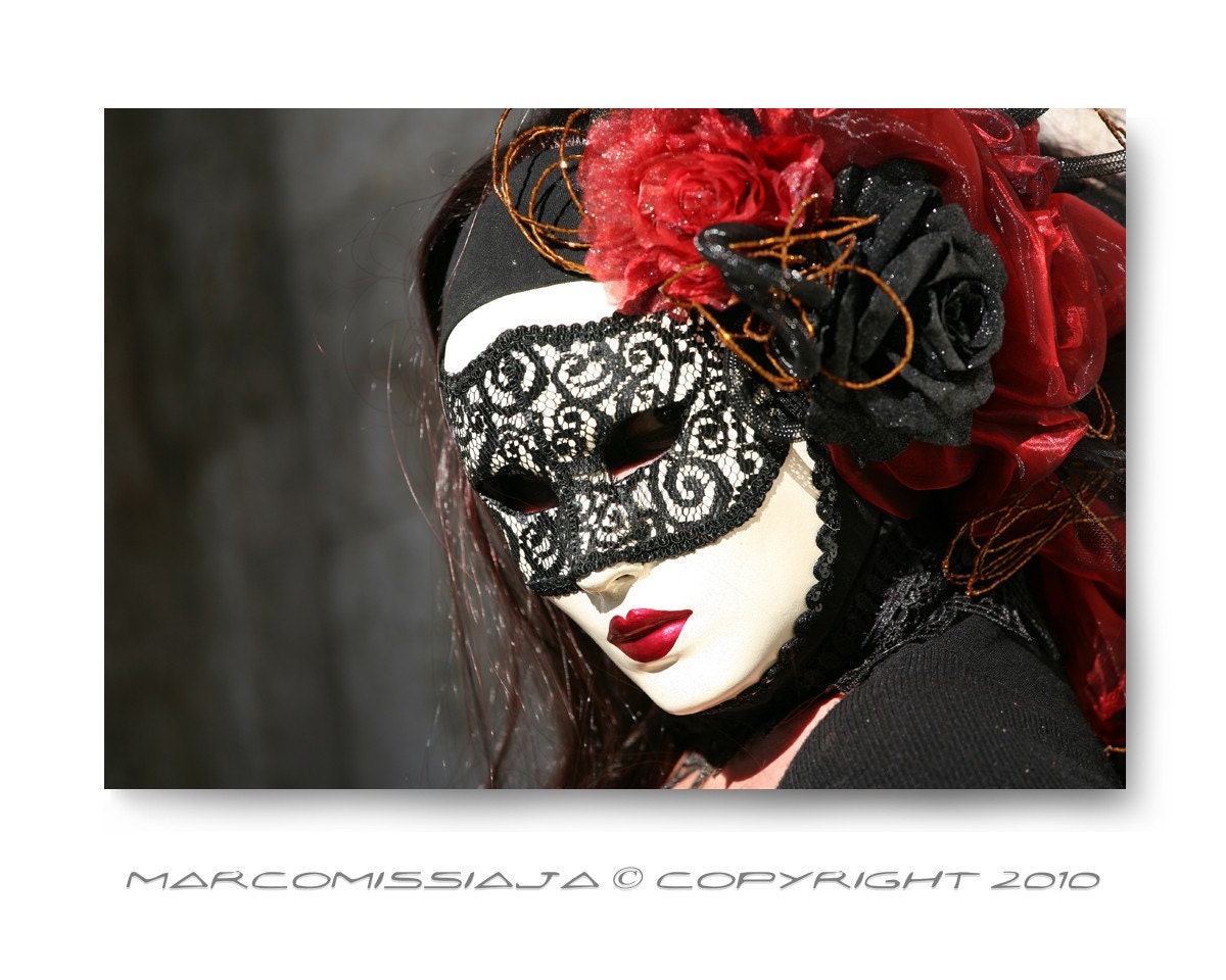 Original Venetian Black and Red Woman Mask - Signed Photo - Venice Carnival