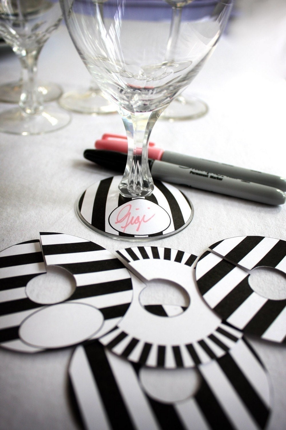 Printable Paper Black and White Stripe Collection Wine Glass Slipper Name Card Tag