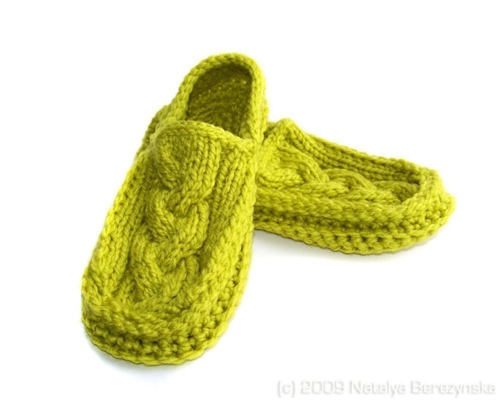 Knit Crochet Cabled Moccasin Slippers, Lime Green Shoes, Avocado Kiwi Grass Peridot Chartreuse Bright, Men Women Unisex