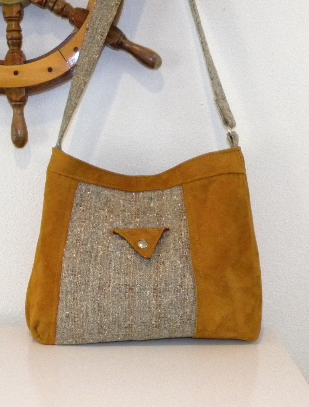 Handmade from a Golden Brown Leather Jacket and Plaid Tweed Coat - Handbag - Tote Bag - Purse