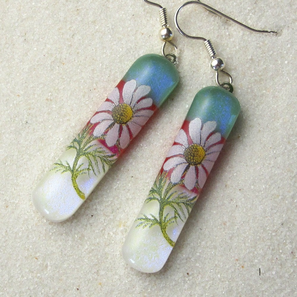 White Red Teal Floral Dangles E-715