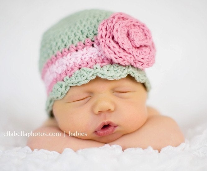 Newborn Baby Flower Flapper Hat with Rose - celery, rose pink, pastel pink, natural cotton, photo prop
