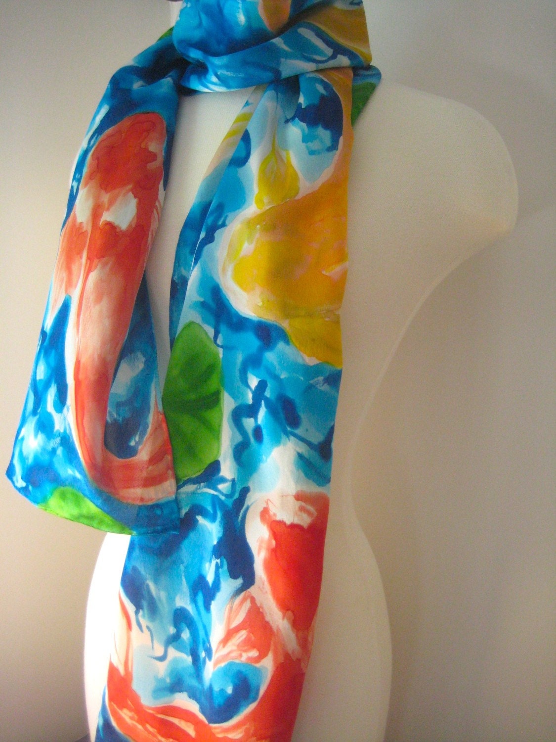 Koi Pond luxury hand painted silk satin scarf