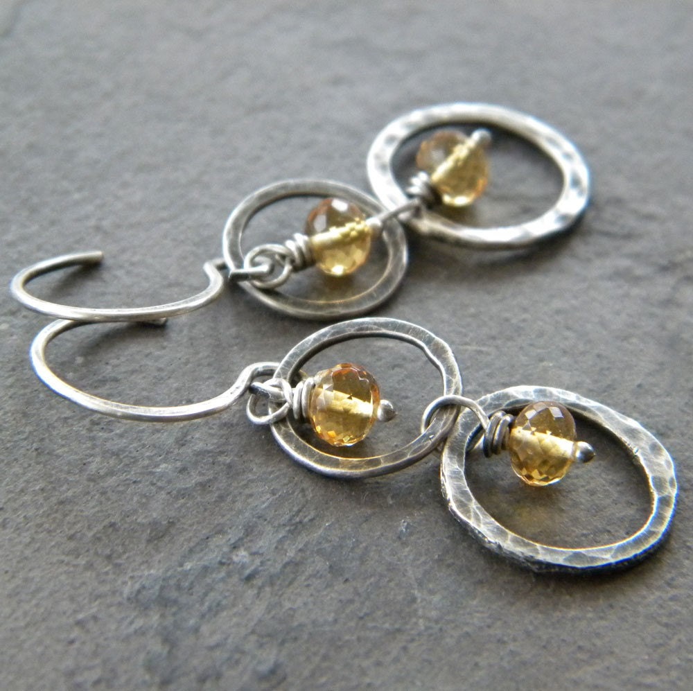 Citrine, Fine Sterling Silver Rings, Oxidized - Earrings