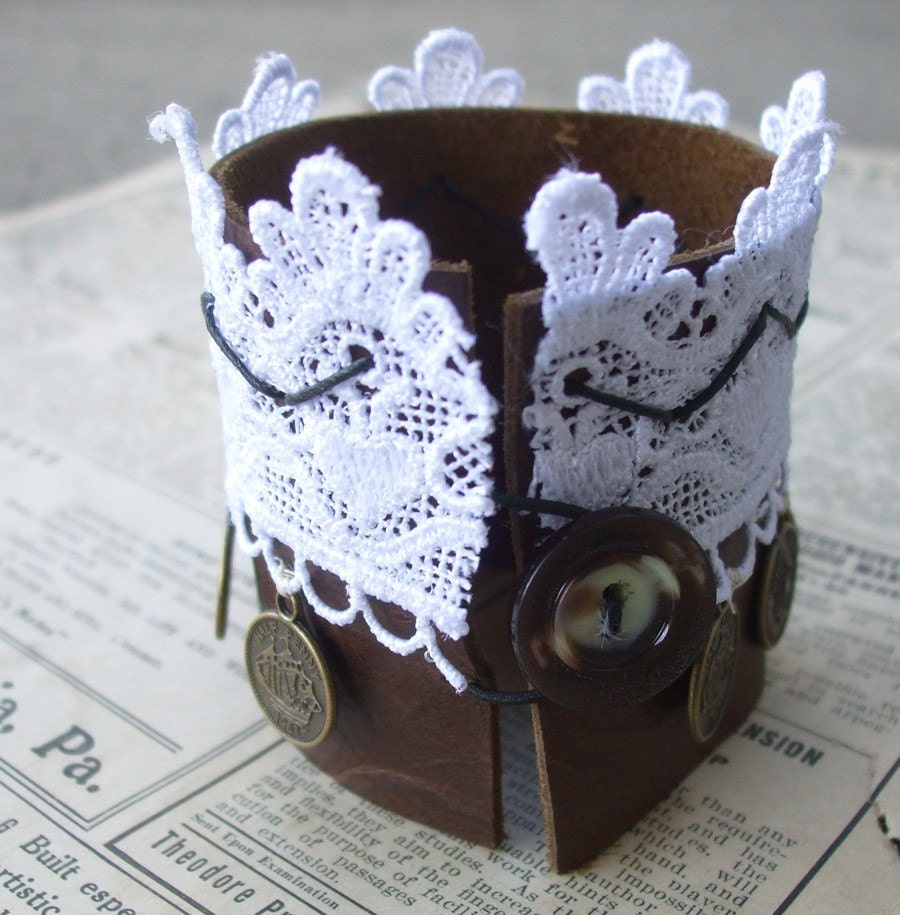 Lace n Leather Cuff -- romantic chocolate and white bracelet with brass metal sailing ship and queen coins. Pretty, unique, adjustable. LAST ONE.