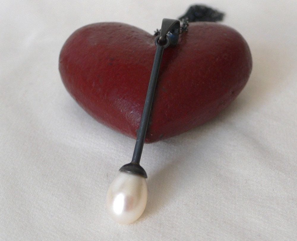 Pearl and Blackened Silver Drop Pendant