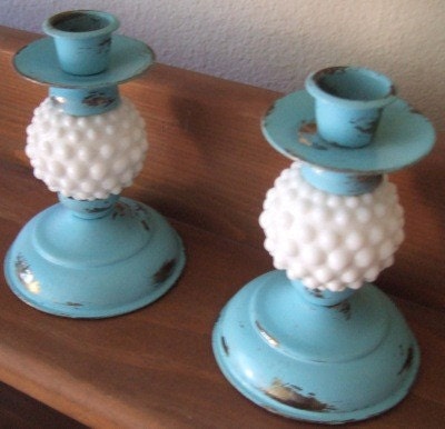 Shabby Chic Milk Glass and Brass Candle Sticks