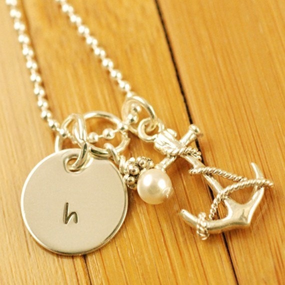 Sterling Silver Anchor -  Single Dainty Disc with Swarovski Crystal Pearl or Swarovski Crystal - Personalized Hand Stamped Necklace