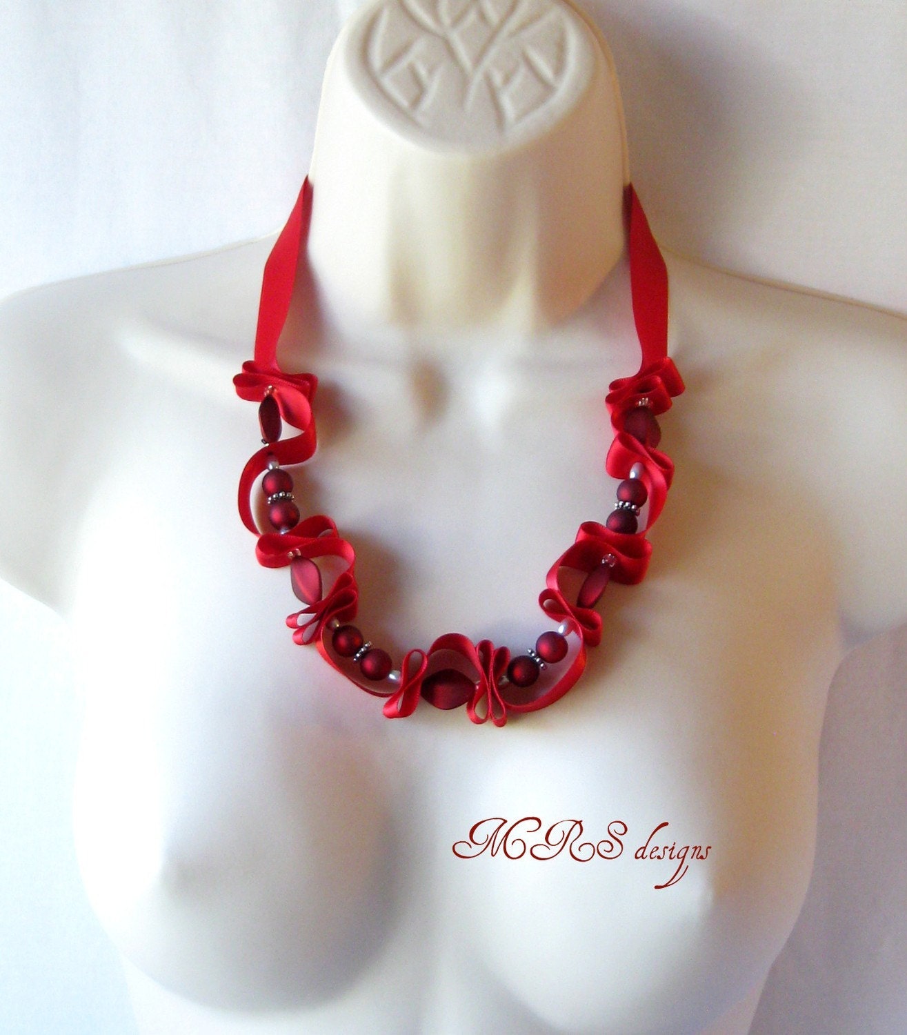 Ribbon and Bead Necklace in Red