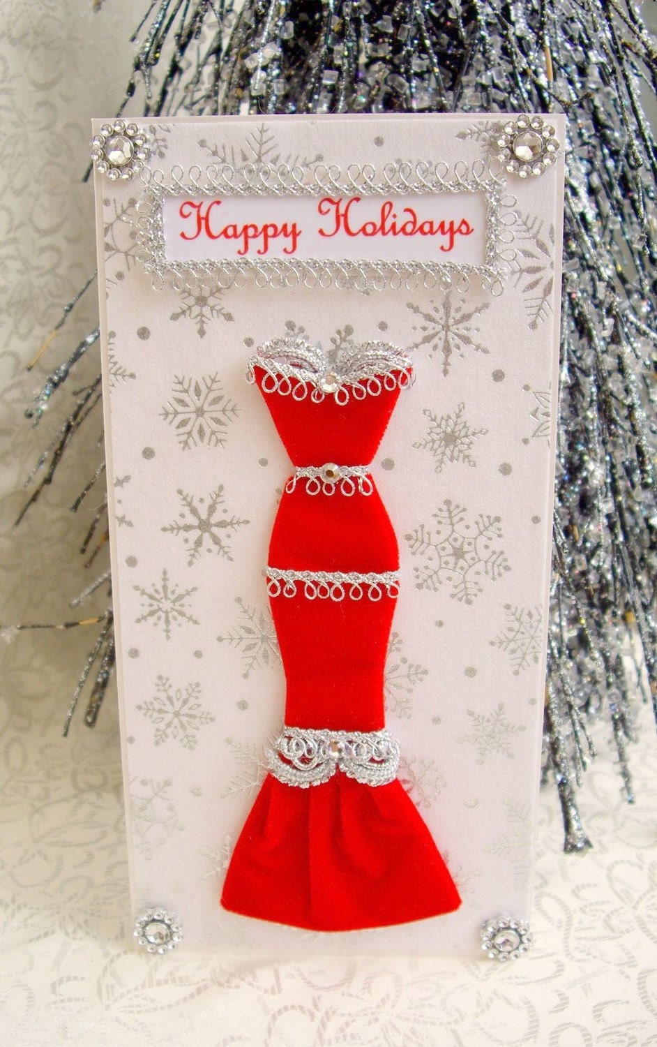 SALE Happy Holidays Personalised Red Velvet Dress Card / Handmade Greeting Card