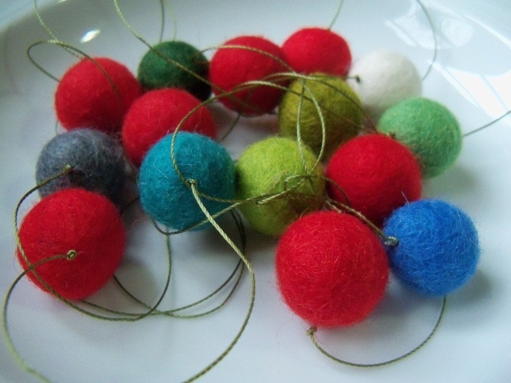 Holly Jolly Garland - a strand of red and holiday colors - about 6 feet long - 15 felt balls