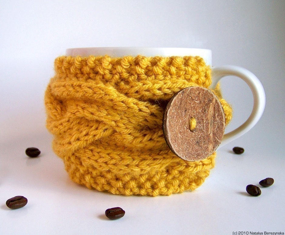 Honey Yellow Cup Cozy, Mug Sleeve, Knitted Cabled, Tea Coffee, Citrine Spice Cinnamon Golden Mustard Saffron Banana Egg Yolk Sun