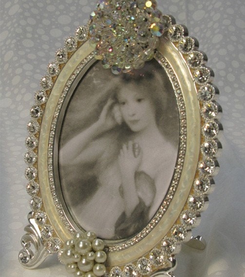Jeweled Picture Frame with Vintage Aurora Borealis  Brooch
