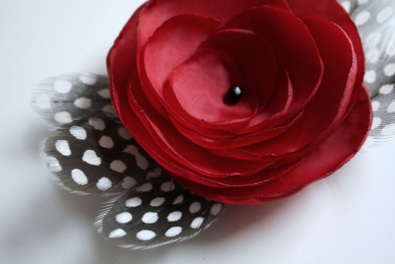 SALE Nicole - Red Satin Flower with Spotted Guinea Feathers Hair Clip or Brooch