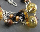 Gold artisan lampwork, triple strand, pearls and coral necklace