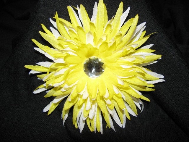 Yellow and White Layered Star Flower Hair Clip with Rhinestone OOAK