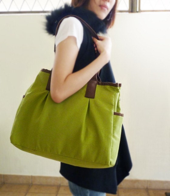 New color- Green and Brown Canvas Tote -044