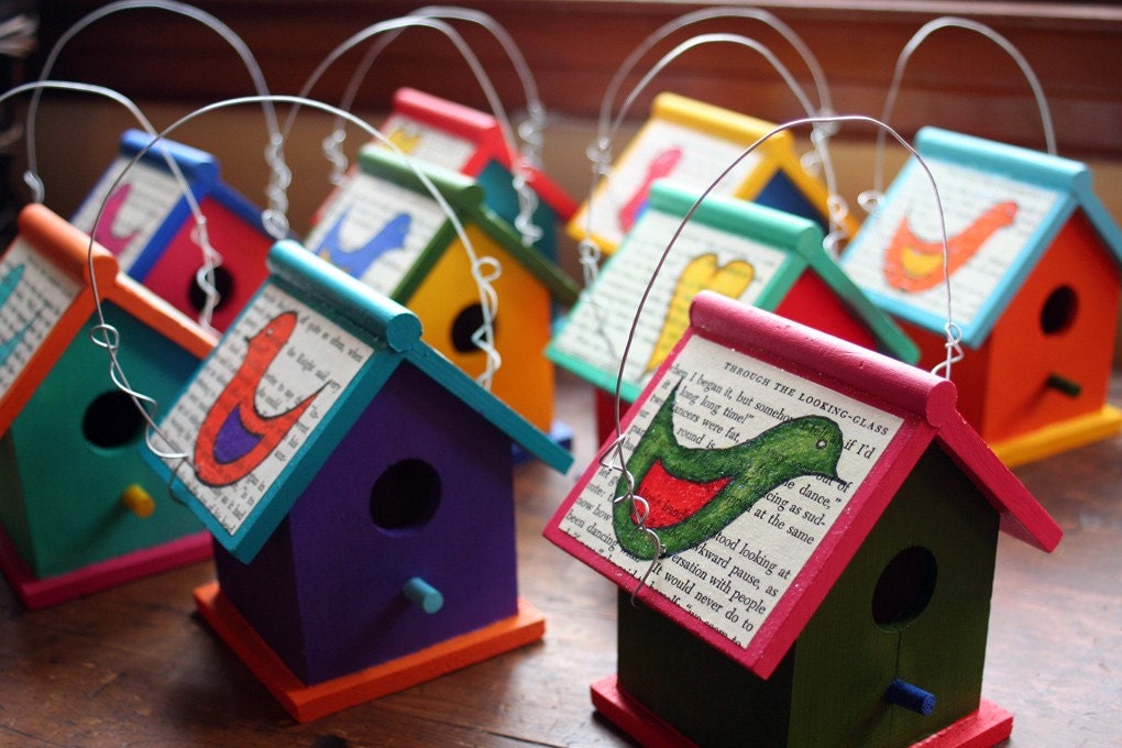 Birdhouse with Upcycled Book Pages and Original Illustrations (your choice)
