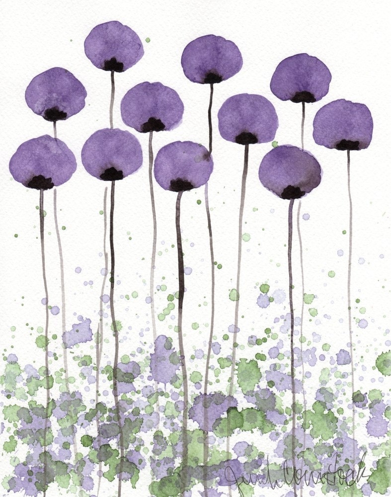 A Bit Shy -- Purple Flowers -- Original Watercolor Flower Painting 8x10