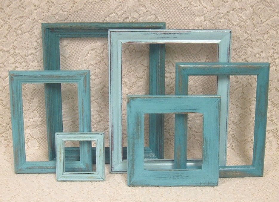 Shabby Chic Painted Picture Frame Collection Aqua Turquoise Distressed Gallery Grouping B