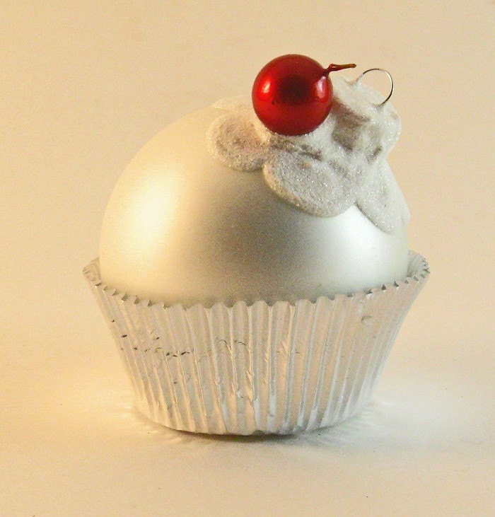 Large White Glass Cupcake Ornament with Glittered White Frosting and a Cherry on top
