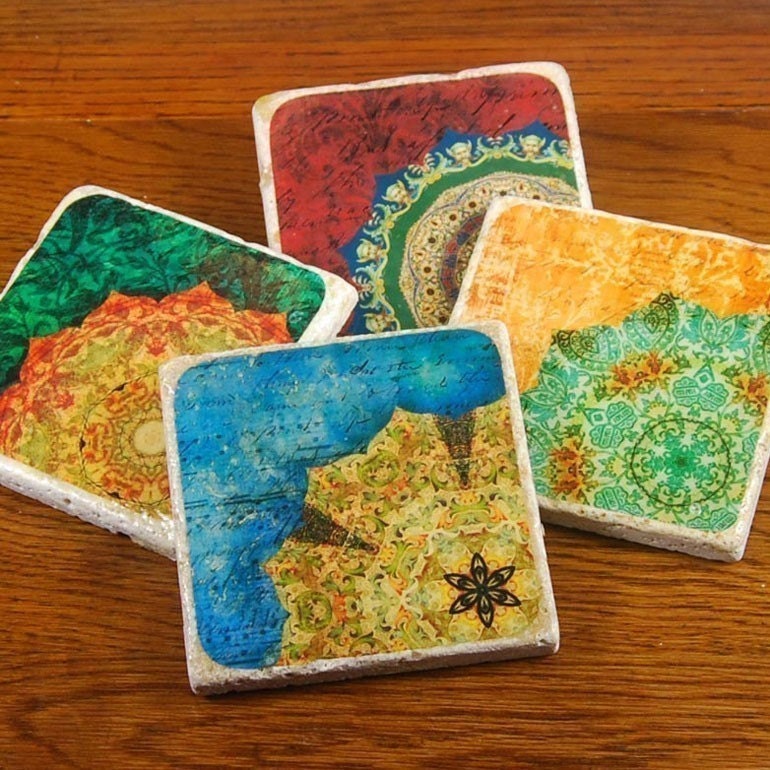 Rich 
Colors - vintage inspired, kaleidoscope stone drink coaster set