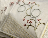 Hostess Gift: Linen Fabric Winterberry Coasters Hand Embroidery Home