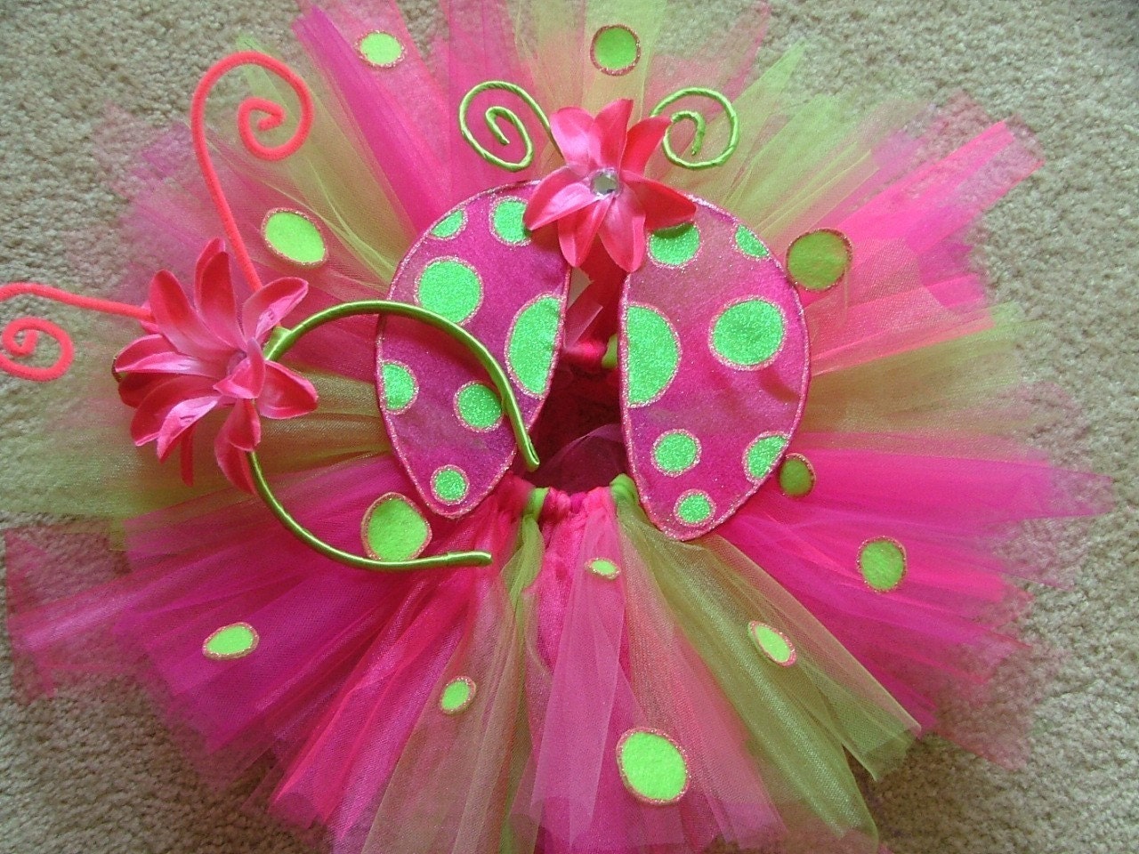 Custom lime green and hot pink ladybug tutu costume set made in 3T-6 in girls