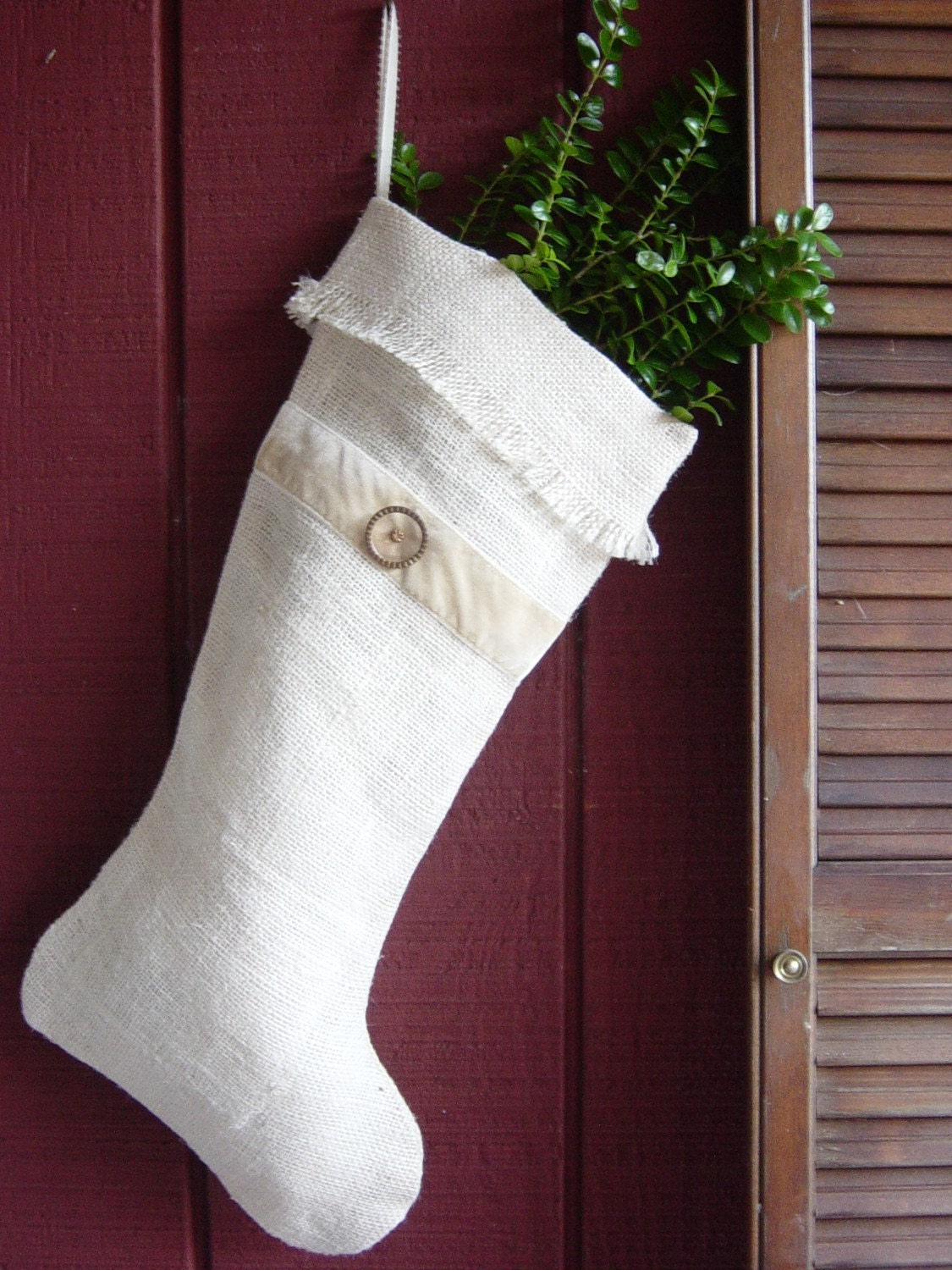 Ivory Burlap Stocking with Vintage Button