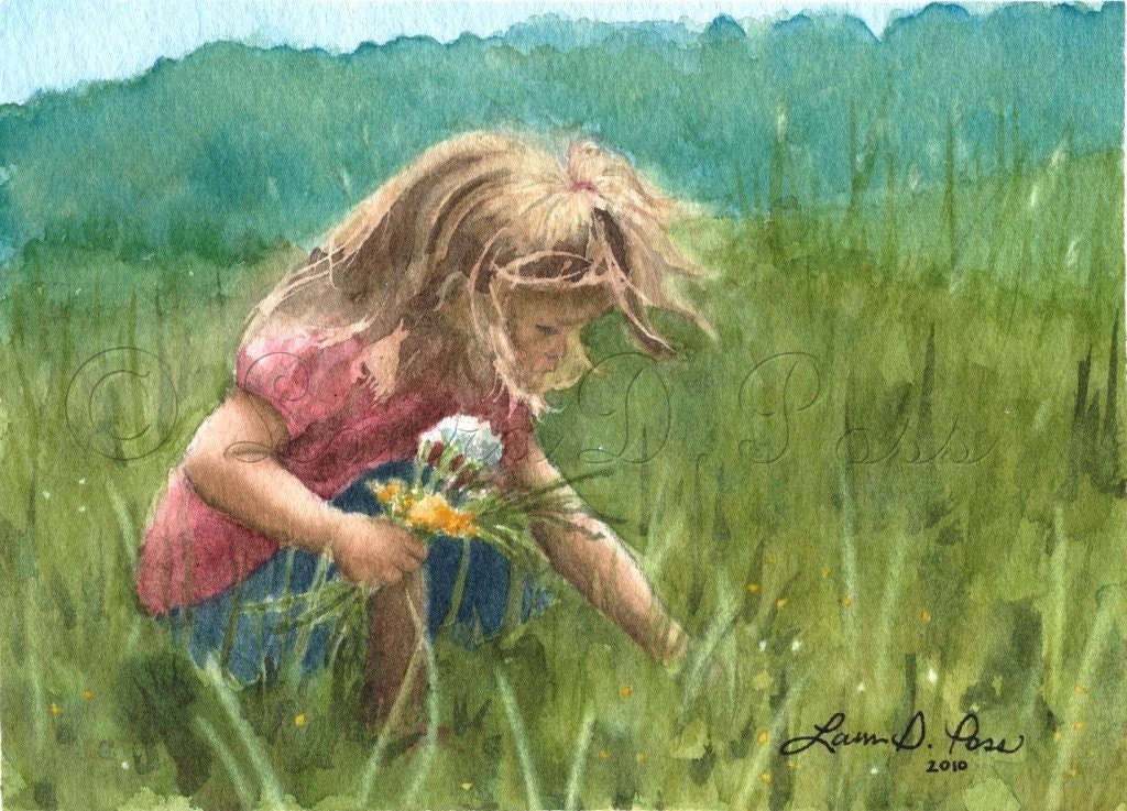 Picking Wildflowers Watercolor Print