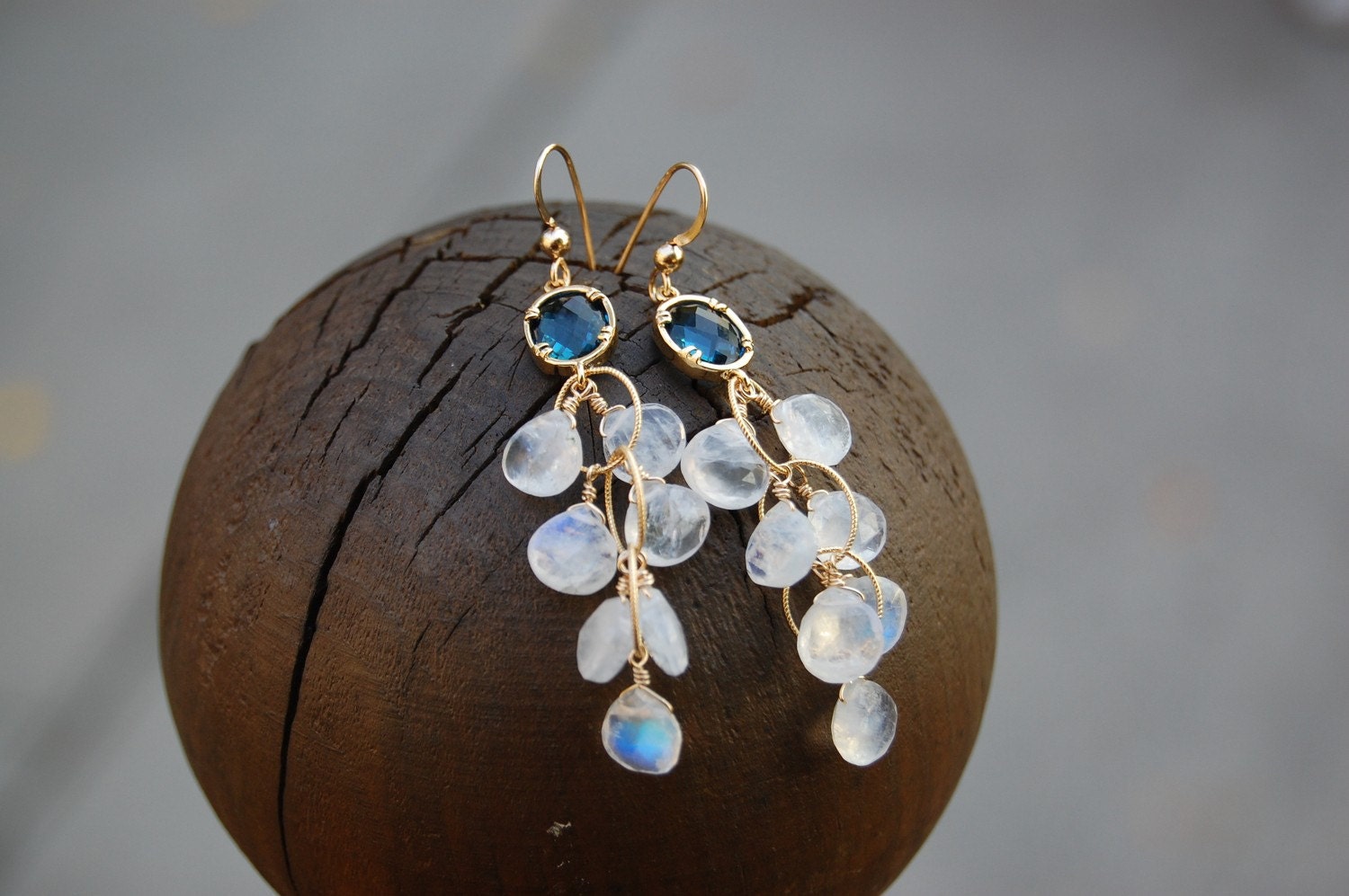 Moonstone blue topaz cluster earrings