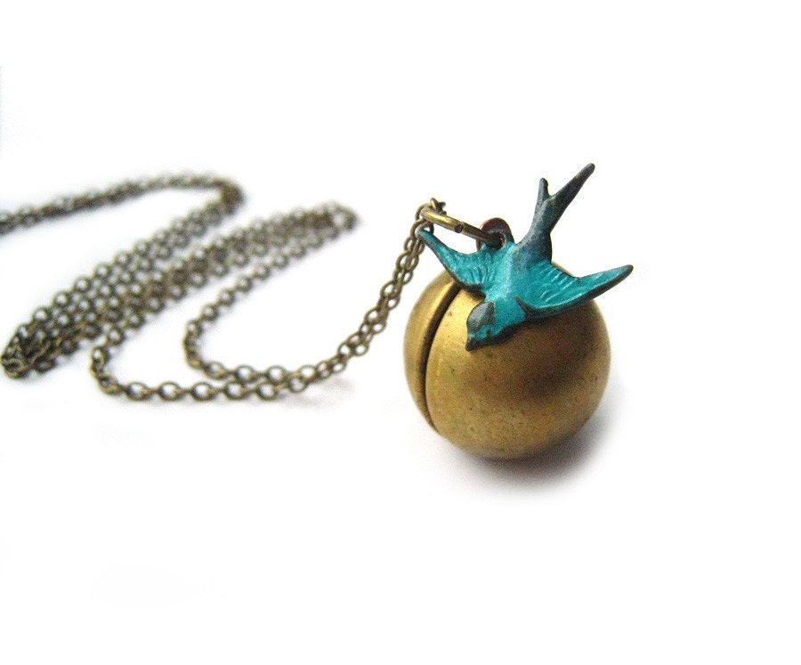 Soaring Sparrow. Antiqued Brass Vintage Ball Locket & Sparrow Necklace