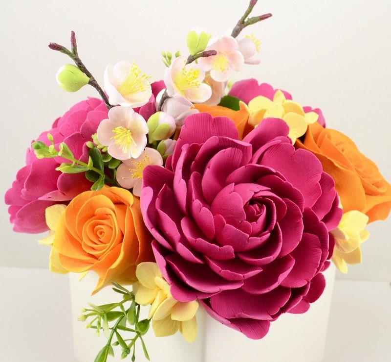Peonies, Roses, and Plum Flowers Clay Floral Arrangement
