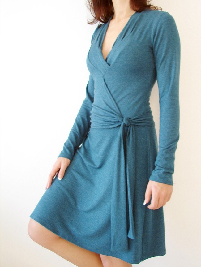 Teal Wrap Dress with a Detailed Neckline