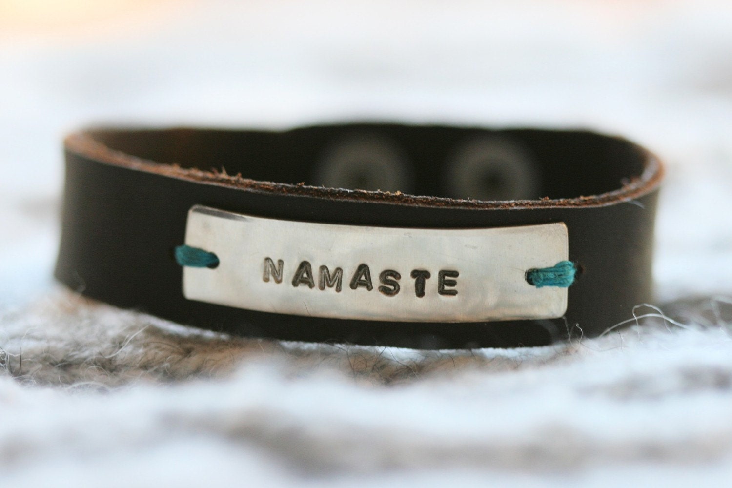 Handmade Namaste Silver  Leather Bracelet...Yoga...Buddha...Free Shipping