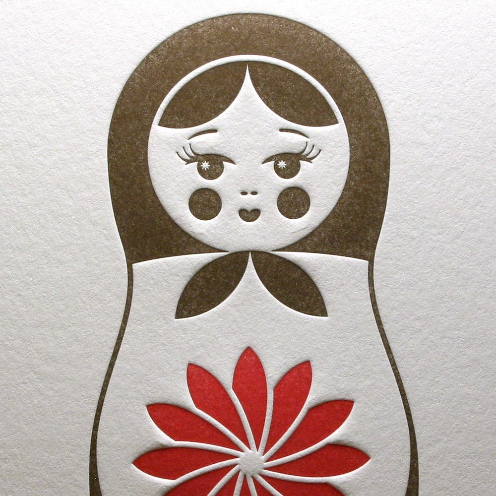 Letterpress Matryoshka (Nesting Doll) Card in Brown and Red