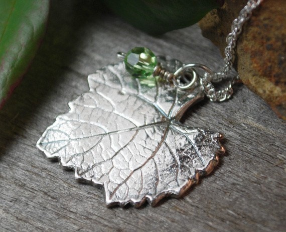 Fine Silver Grapevine Leaf Pendant PMC Sterling Necklace Swarovski Crystal Artisan