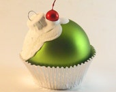 Mini Lime Green Glass Cupcake Ornament with Glittered White Frosting and a Cherry on top