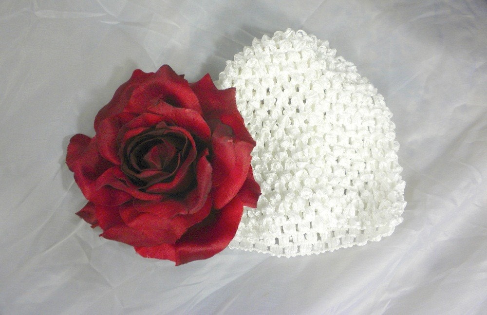 White n' Red Christmas Rose Waffle BEANIE Cap Hat - Crocheted with Extra Large Hair Flower- Fits Babies Newborns Infants Toddlers Girls