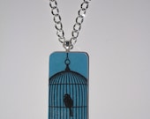 Domino Pendant Necklace with 24" silver chain (Bird Cage) altered art