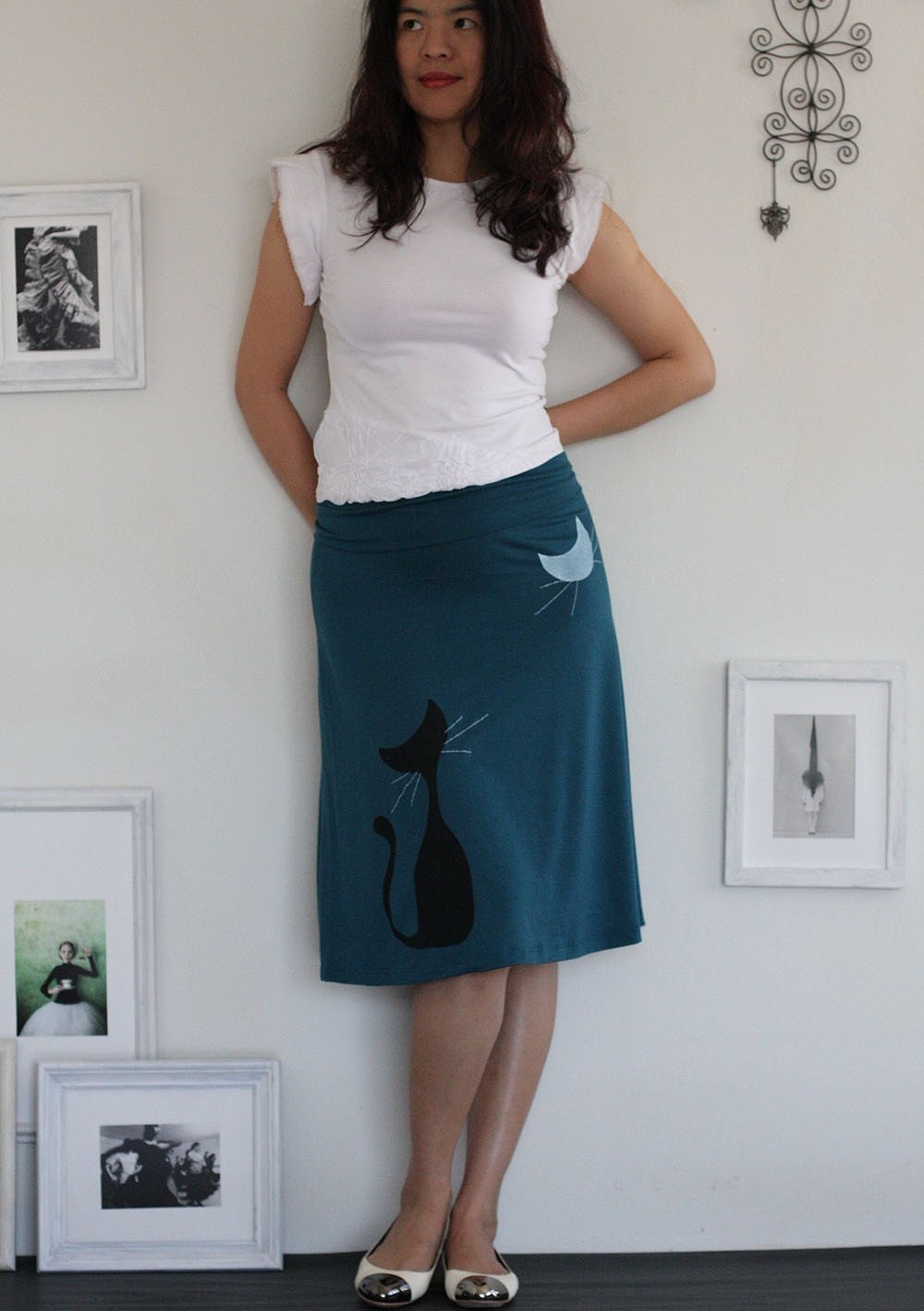 Teal Blue Knee Length Skirt with screen printing and sewing-Our cat and the moon-size Large