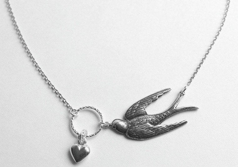 AMOUR-Valentine Sterling Silver Swallow with Heart Necklace
