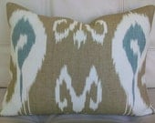 Decorative Designer Lumbar Pillow Cover 14x18 - ECHO Design for Kravet - IKAT Print Taupe and Aqua