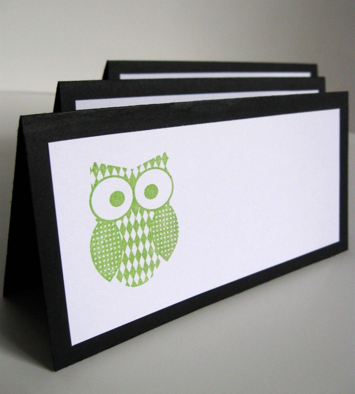 Owl Place Cards, Escort Cards, Tent Cards, Black and Green, Set of 10