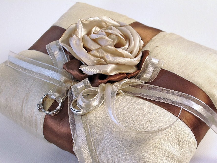 Silk and Satin Floral Ring Pillow for Your Wedding, Chocolate and Taupe