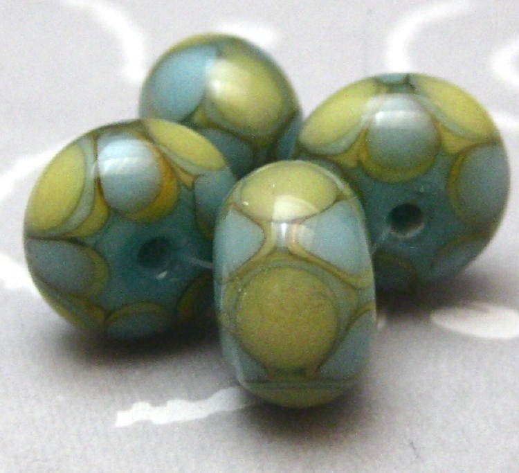 Harlequin Dot Handmade Glass Lampwork Beads Turquoise and Pale Gold