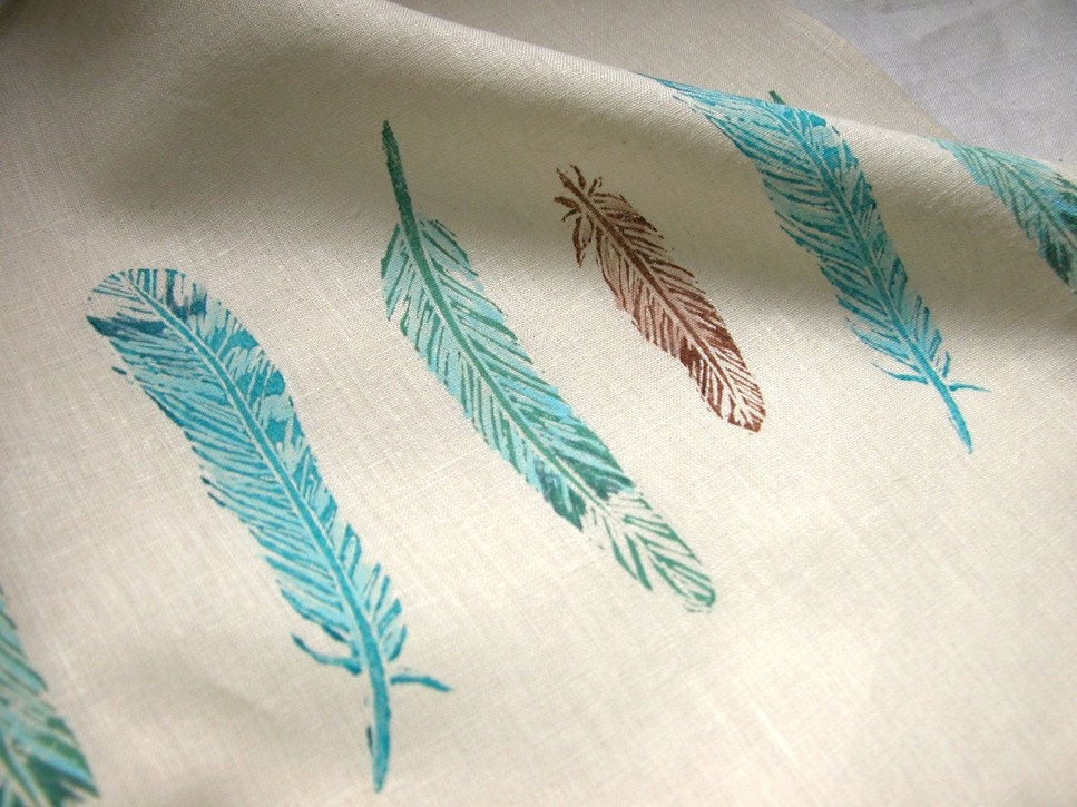 feathers hand printed linen tea towel
