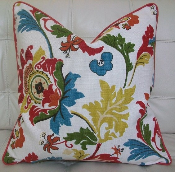 NEW  Decorative Designer Pillow Cover - 20X20 - Campione Jacobean design in Blue, Red, Olive green and Paprika on a cream background